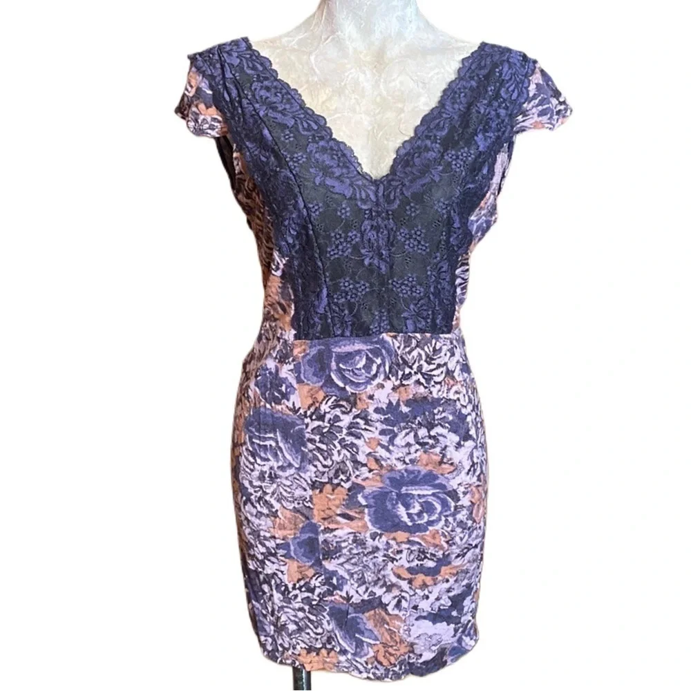 Intimately Free People Purple Lace floral jersey stretch slip night dress Sz L
